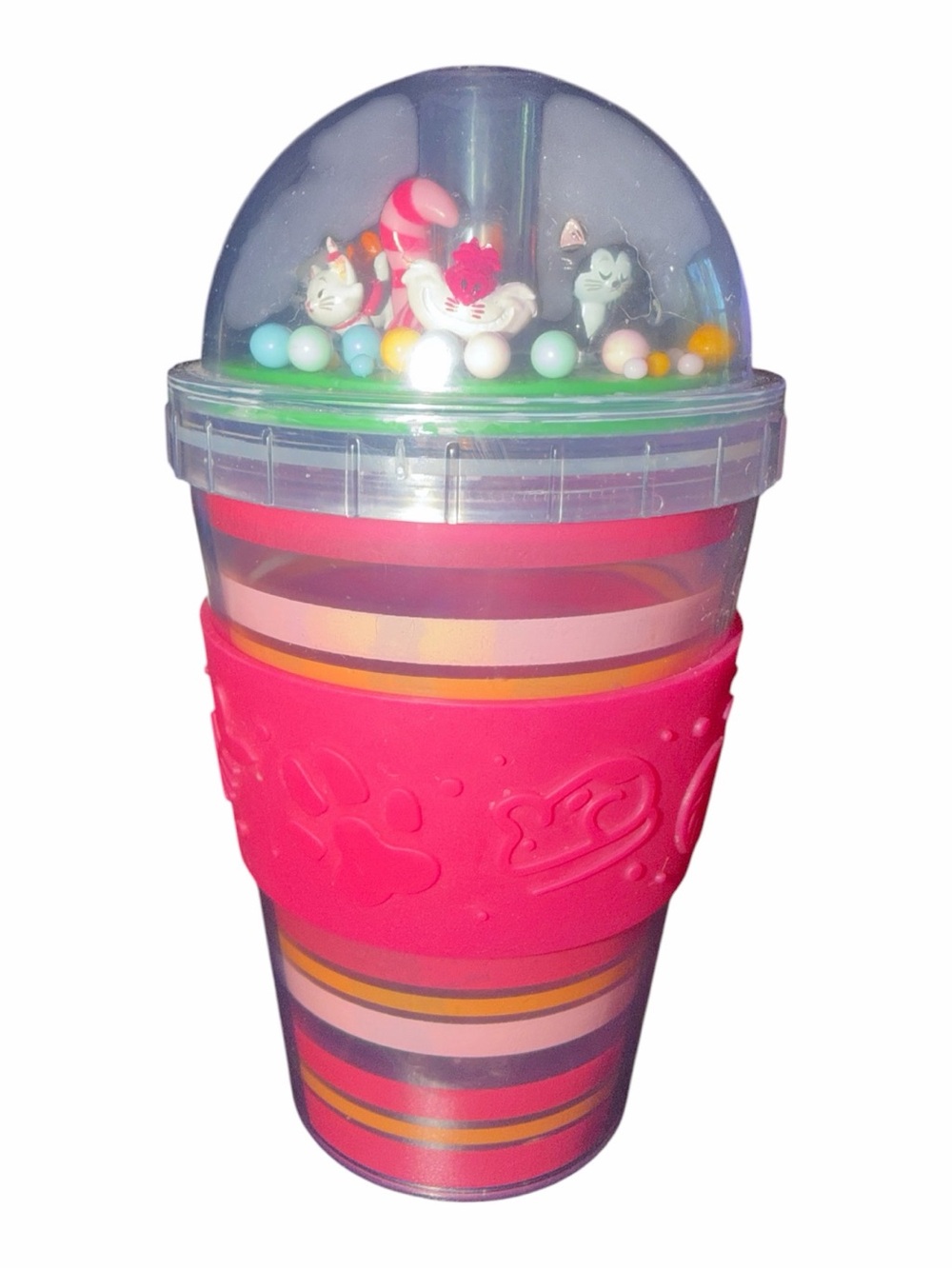 Pink Striped Party Cup with Dome Lid and Decorative Insert Disney cats no straw